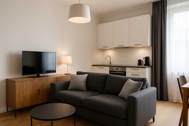 Wohnzimmer mit grauem Sofa, Fernseher, moderner Küchenzeile und Esstisch in einem hellen Raum in Gotha