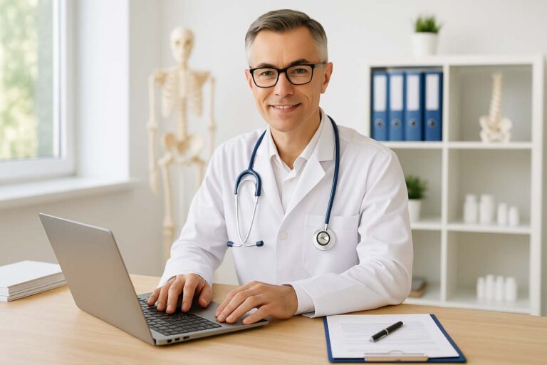 Arzt in weißem Kittel sitzt an einem Tisch mit Laptop, Stethoskop um den Hals, lächelt in die Kamera, im Hintergrund ein Skelettmodell.