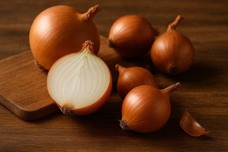 Braune Zwiebeln, darunter eine halbierte Zwiebel, die auf einem Holzbrett liegt.